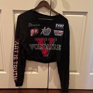 Zadig & Voltaire Black Crop Top with Red and White Accents and crystal detailing